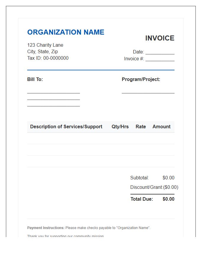 Social Welfare Organization Invoice Template