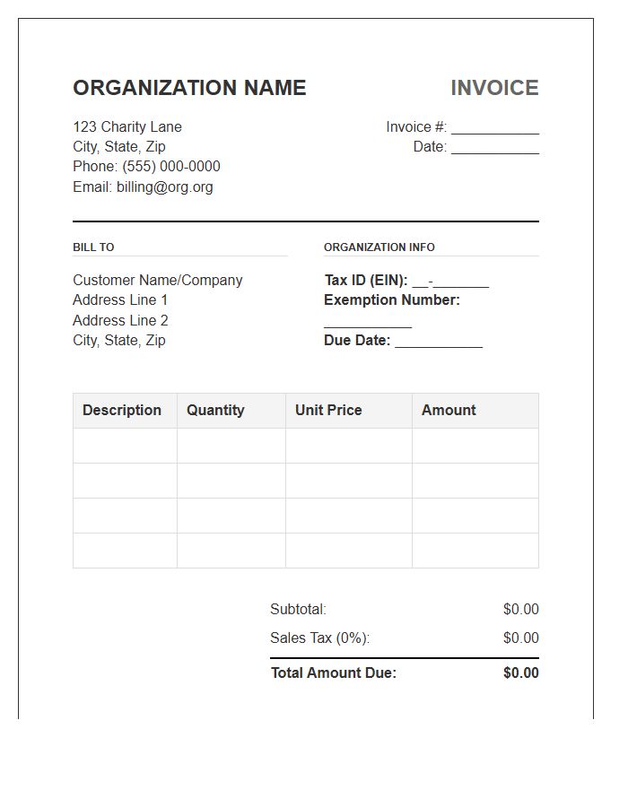Tax Exempt Organization Billing Invoice Template