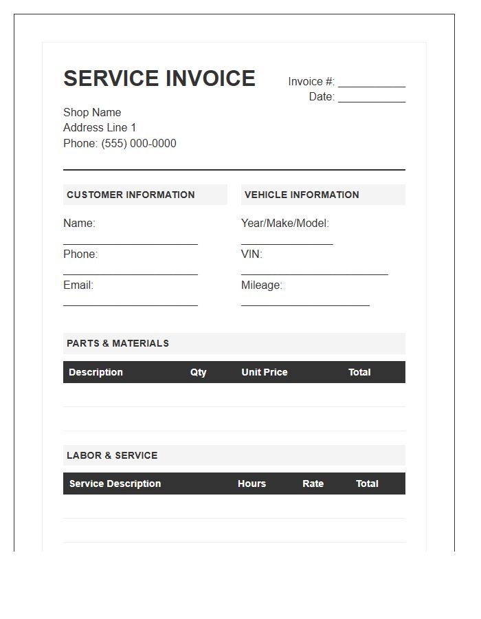 Automotive Repair Service Invoice Template