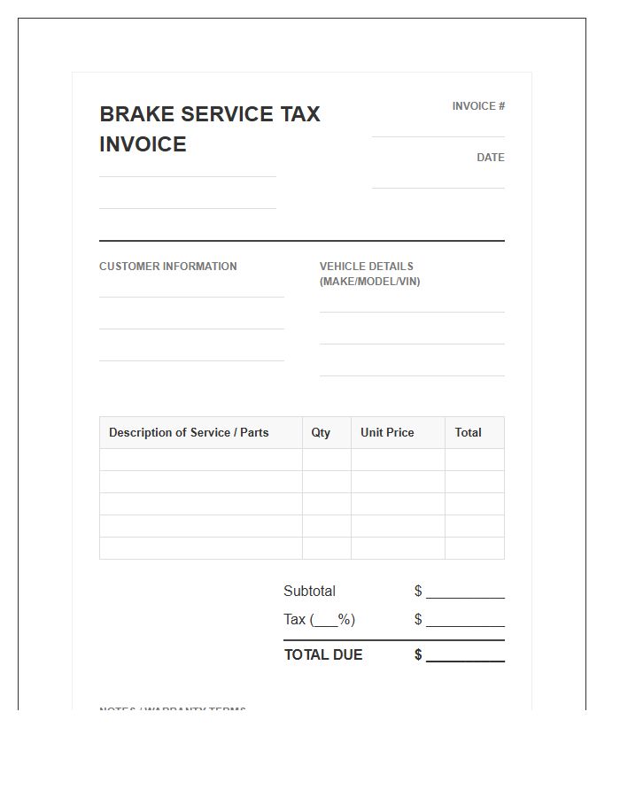 Brake Service Tax Invoice Template