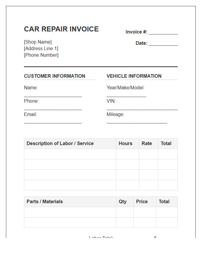 Car Repair Labor Invoice Template