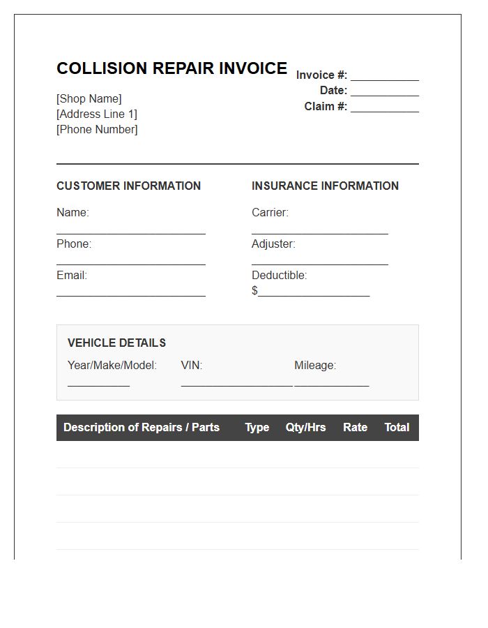 Collision Repair Center Invoice Template