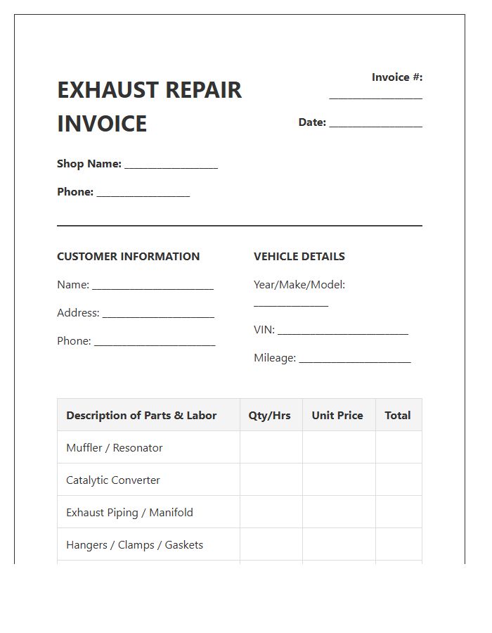 Exhaust System Repair Invoice Template