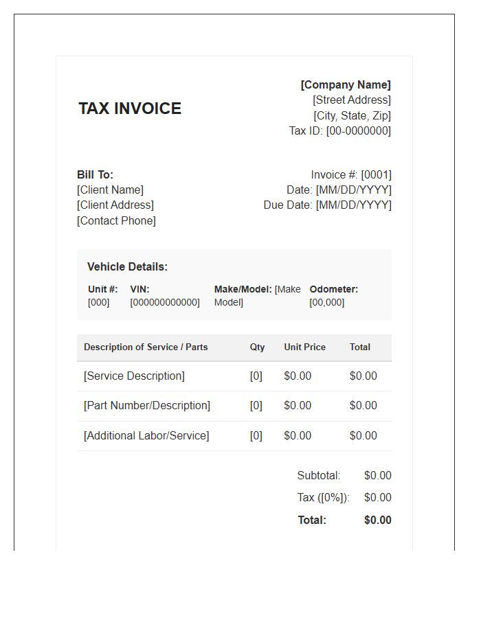 Fleet Maintenance Tax Invoice Template