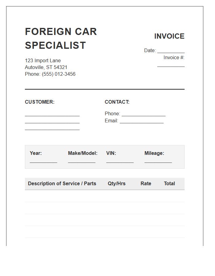 Foreign Car Specialist Invoice Template