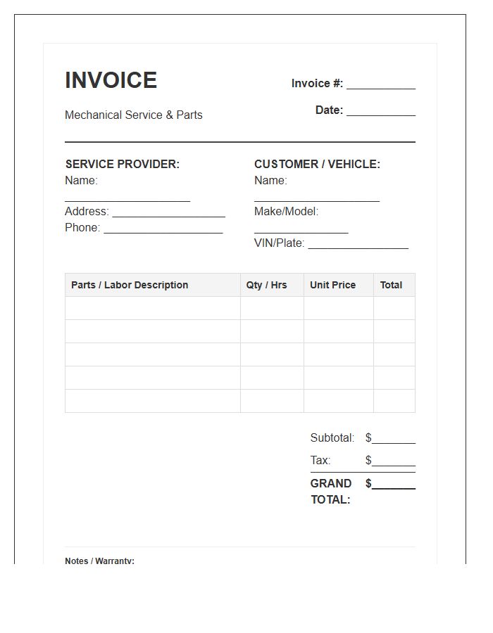 Mechanical Service Parts Invoice Template