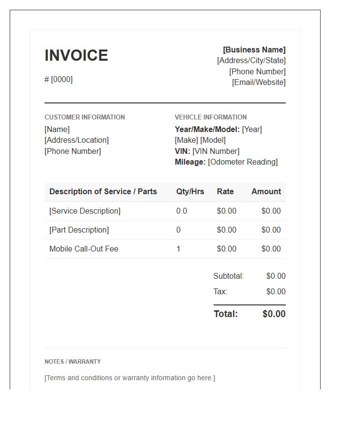 Mobile Mechanic Service Invoice Template