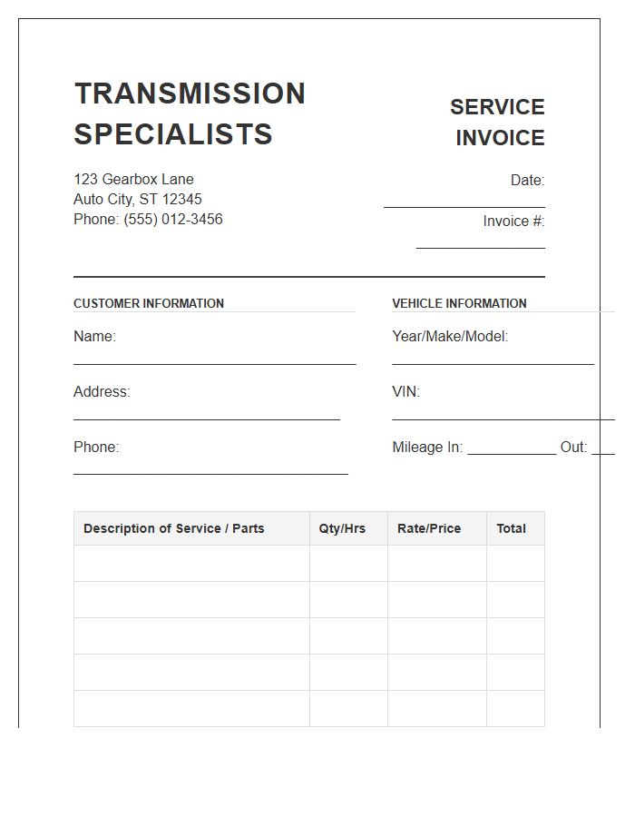 Transmission Shop Service Invoice Template