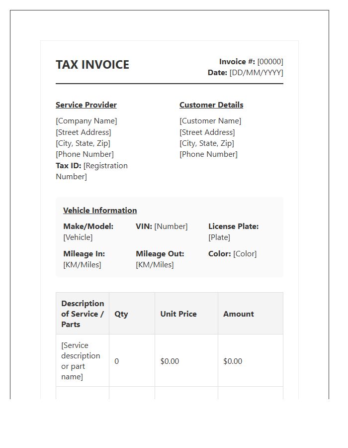 Vehicle Maintenance Tax Invoice Template