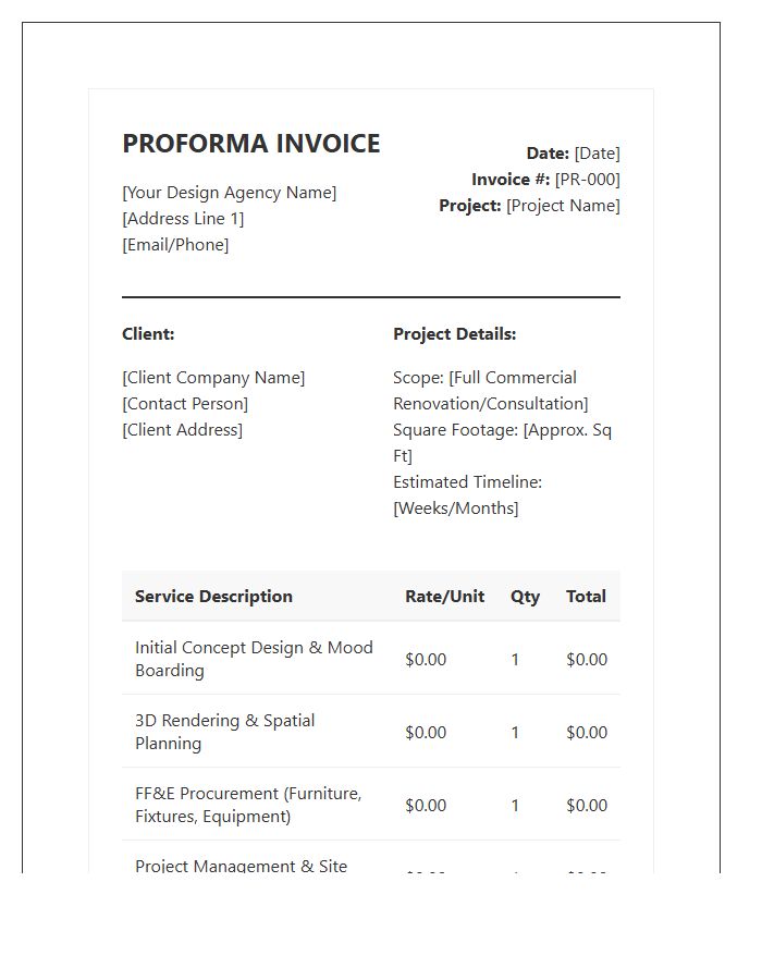 Commercial Interior Design Proforma Invoice Template