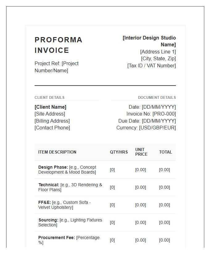 Detailed Interior Design Proforma Invoice Template