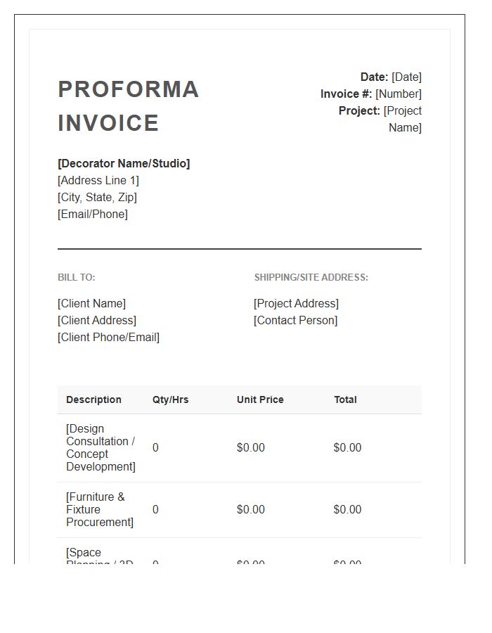 Interior Decorator Proforma Invoice Template