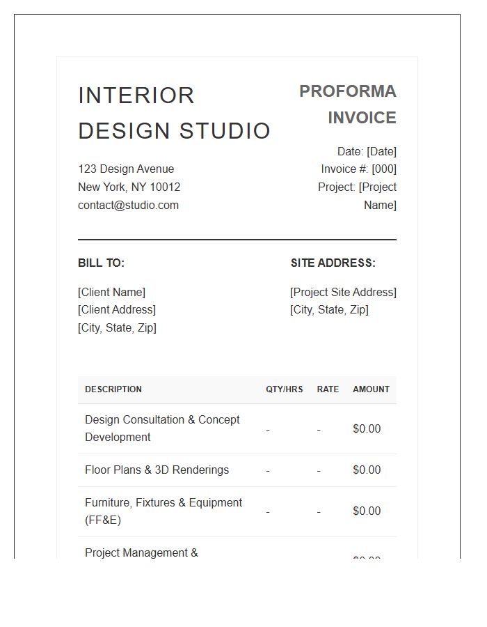 Interior Design Business Proforma Invoice Template