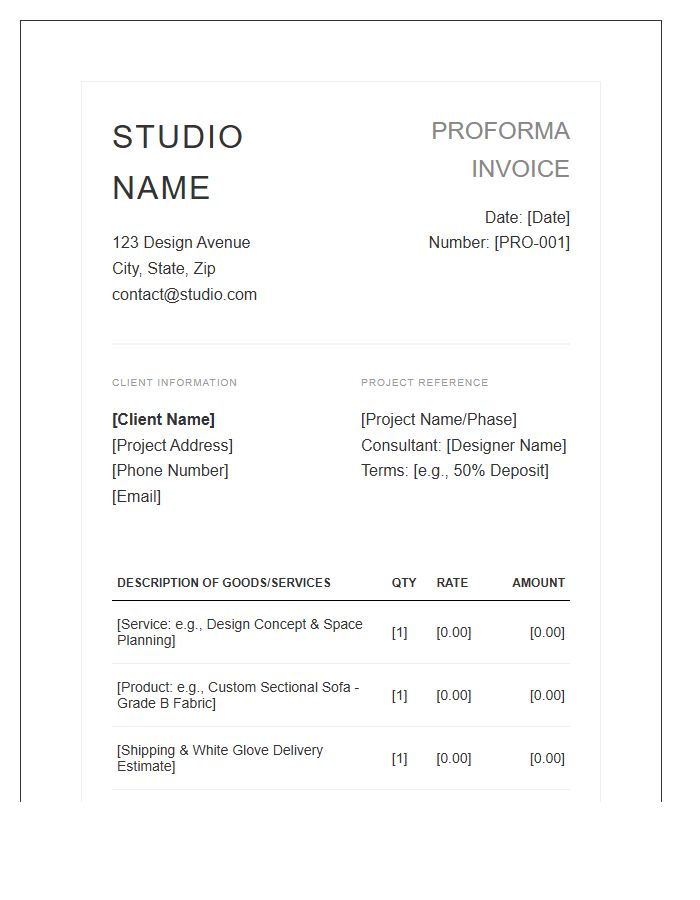 Interior Design Client Proforma Invoice Template