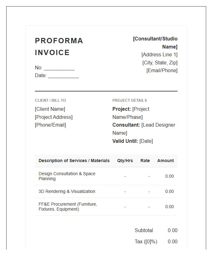 Interior Design Consultant Proforma Invoice Template