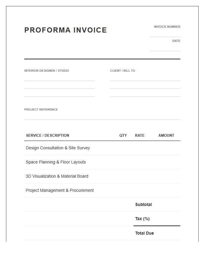 Interior Design Contract Proforma Invoice Template