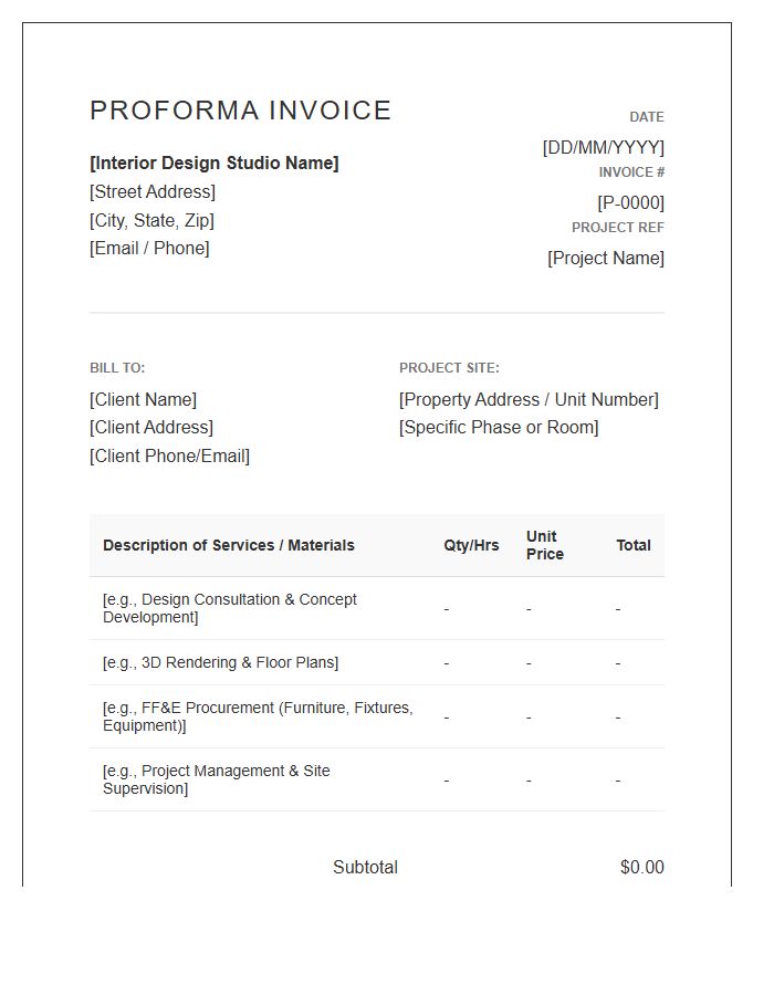 Interior Design Proforma Invoice Template
