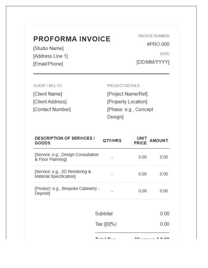 Interior Design Project Proforma Invoice Template