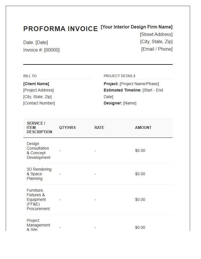 Interior Design Services Proforma Invoice Template