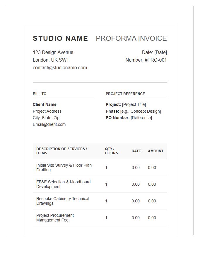 Interior Design Studio Proforma Invoice Template