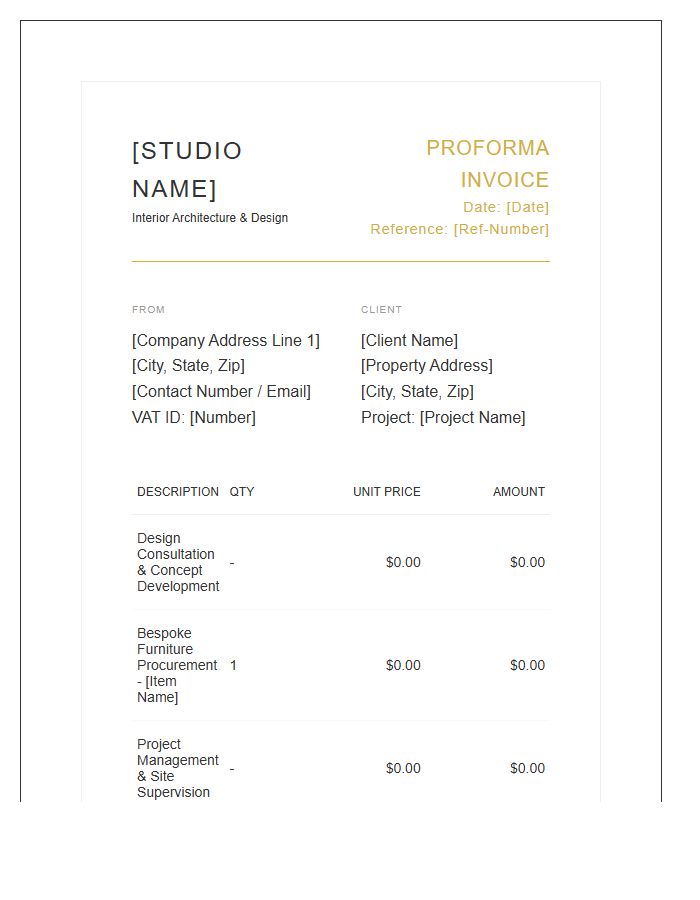 Luxury Interior Design Proforma Invoice Template