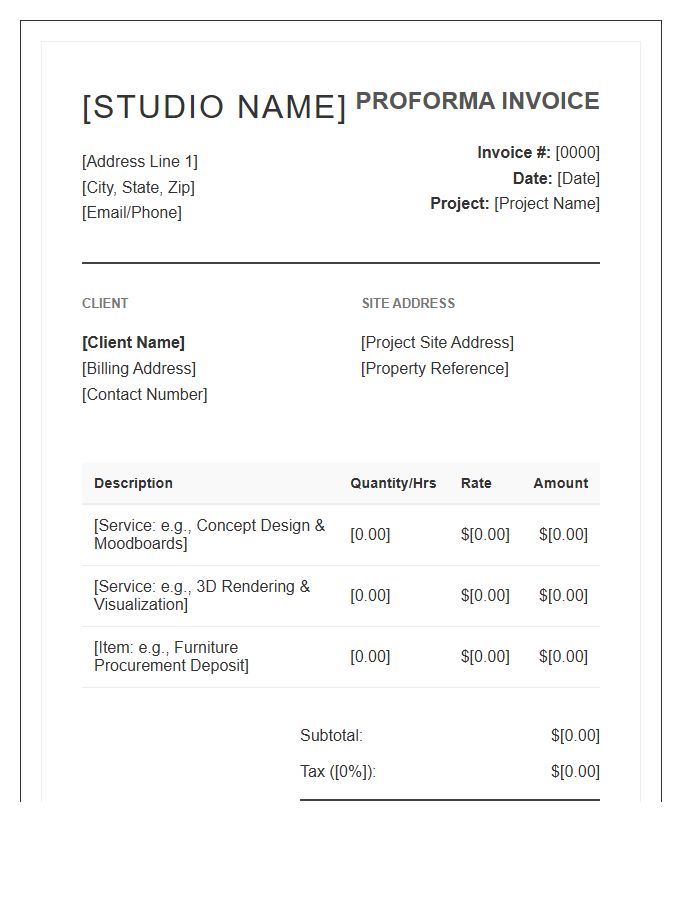 Professional Interior Design Proforma Invoice Template