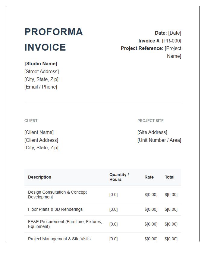 Residential Interior Design Proforma Invoice Template
