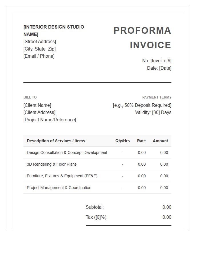Standard Interior Design Proforma Invoice Template