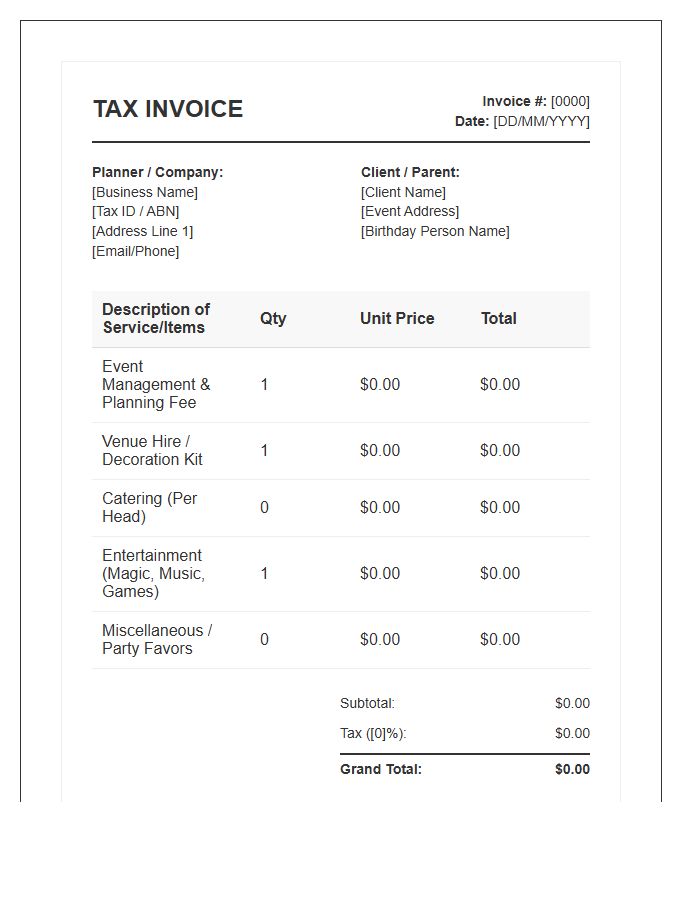 Birthday Party Planning Tax Invoice Template