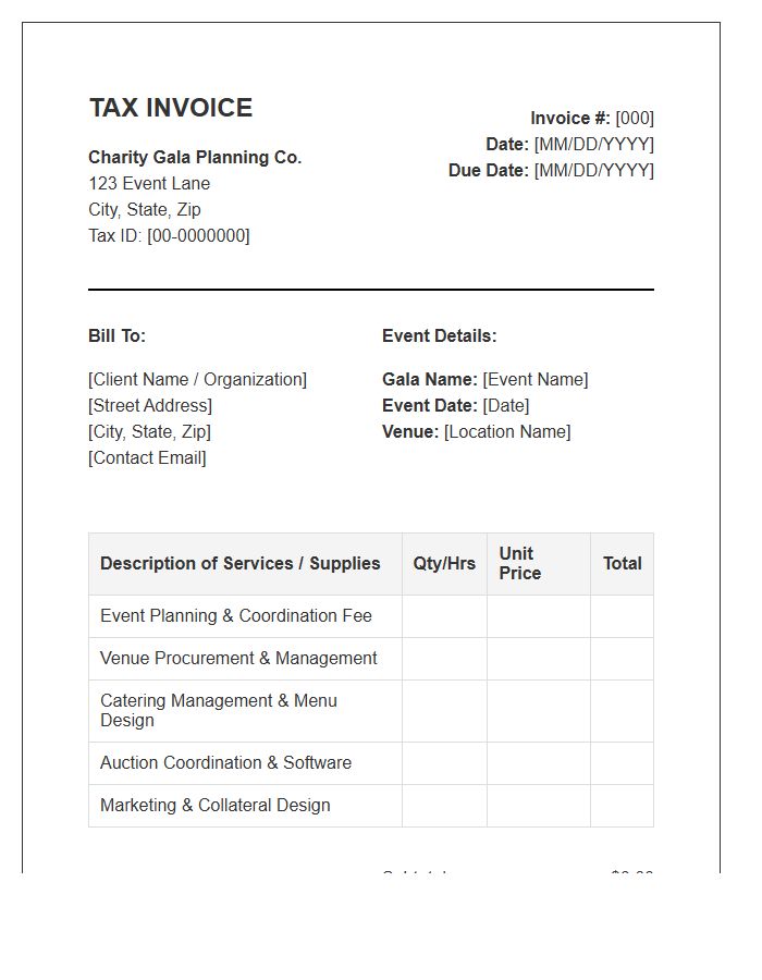 Charity Gala Planning Tax Invoice Template