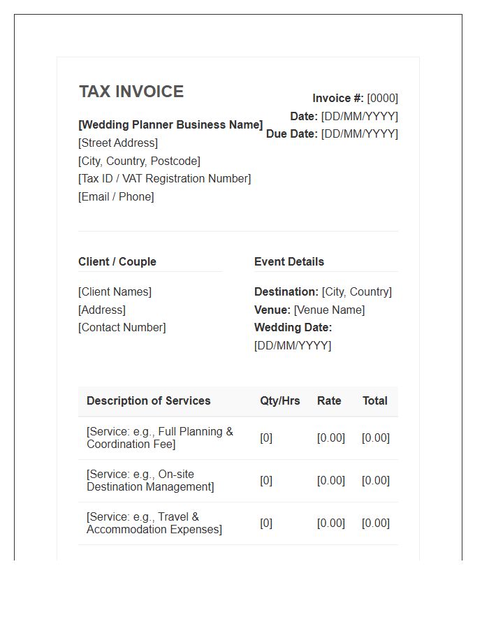 Destination Wedding Planner Tax Invoice Template