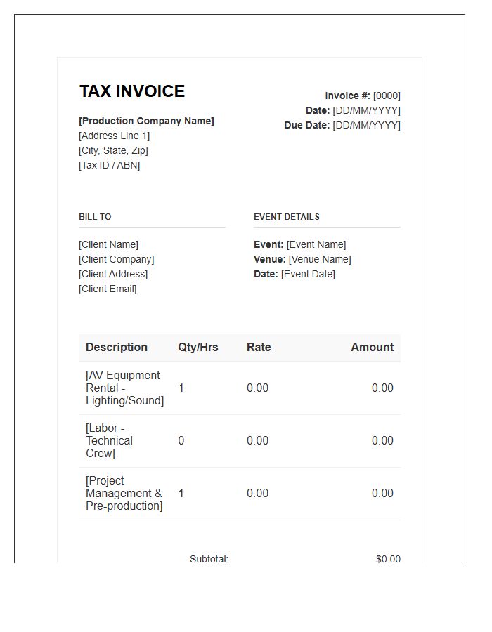 Event Production Tax Invoice Template