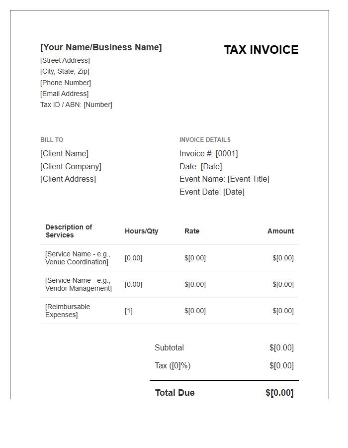 Freelance Event Planner Tax Invoice Template