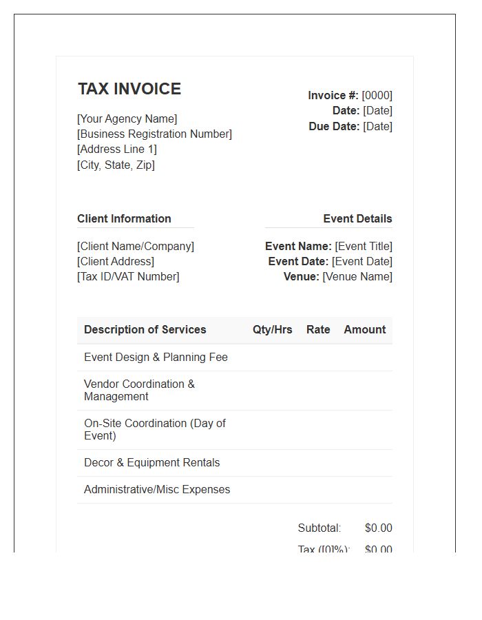 Full Service Event Planning Tax Invoice Template