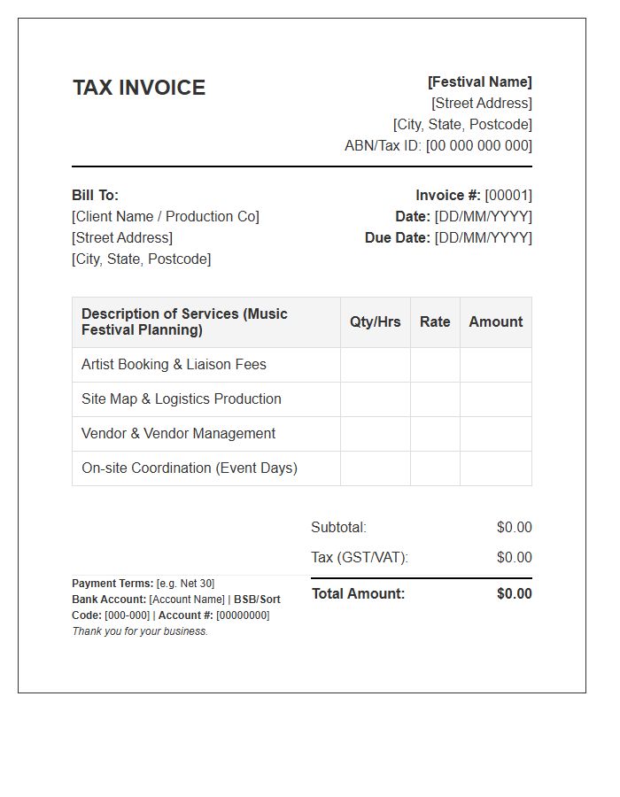 Music Festival Planning Tax Invoice Template