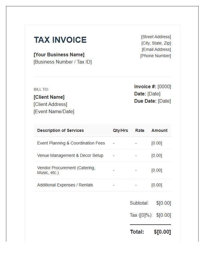 Party Planner Professional Tax Invoice Template
