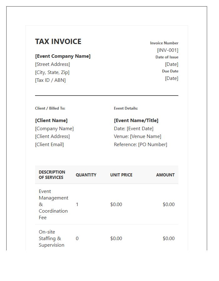 Professional Event Coordination Tax Invoice Template