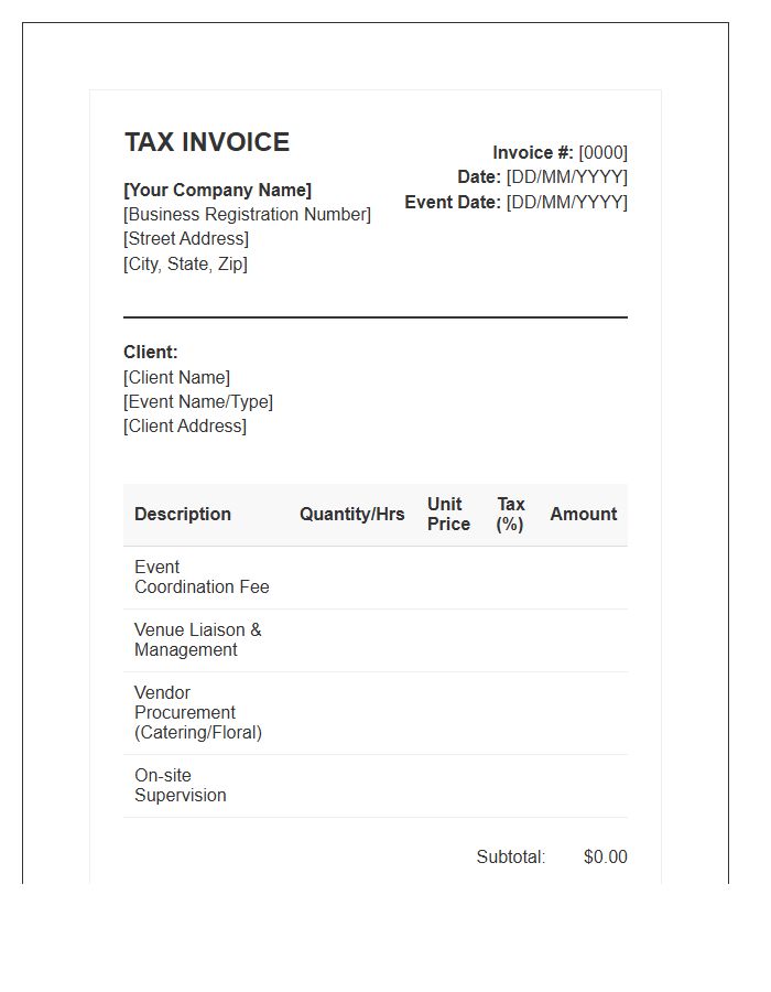 Social Event Planning Tax Invoice Template
