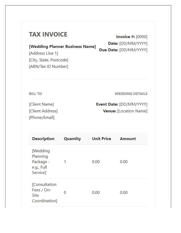 Wedding Planner Tax Invoice Template
