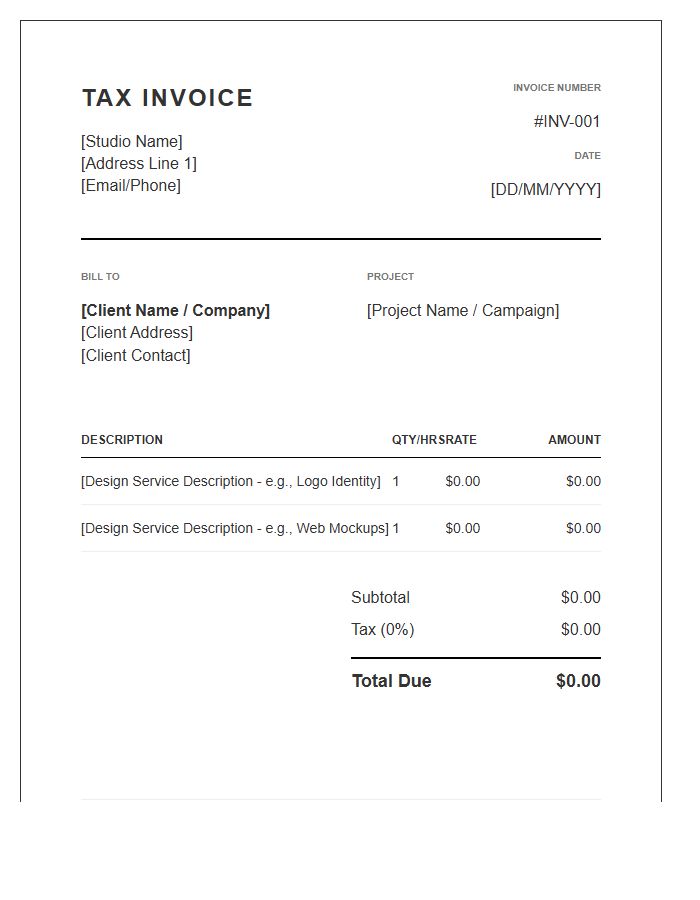 Standard Graphic Design Tax Invoice Template