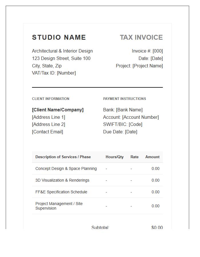 Architectural Interior Design Tax Invoice Template