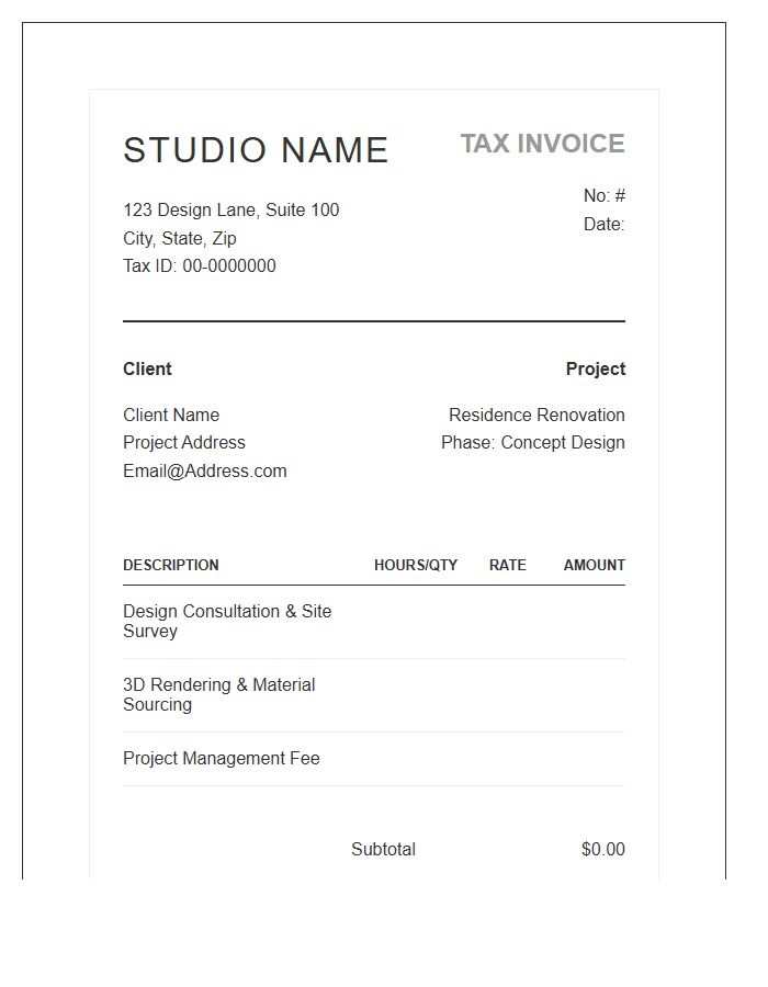Boutique Interior Studio Tax Invoice Template