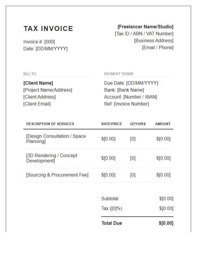 Freelance Interior Designer Tax Invoice Template