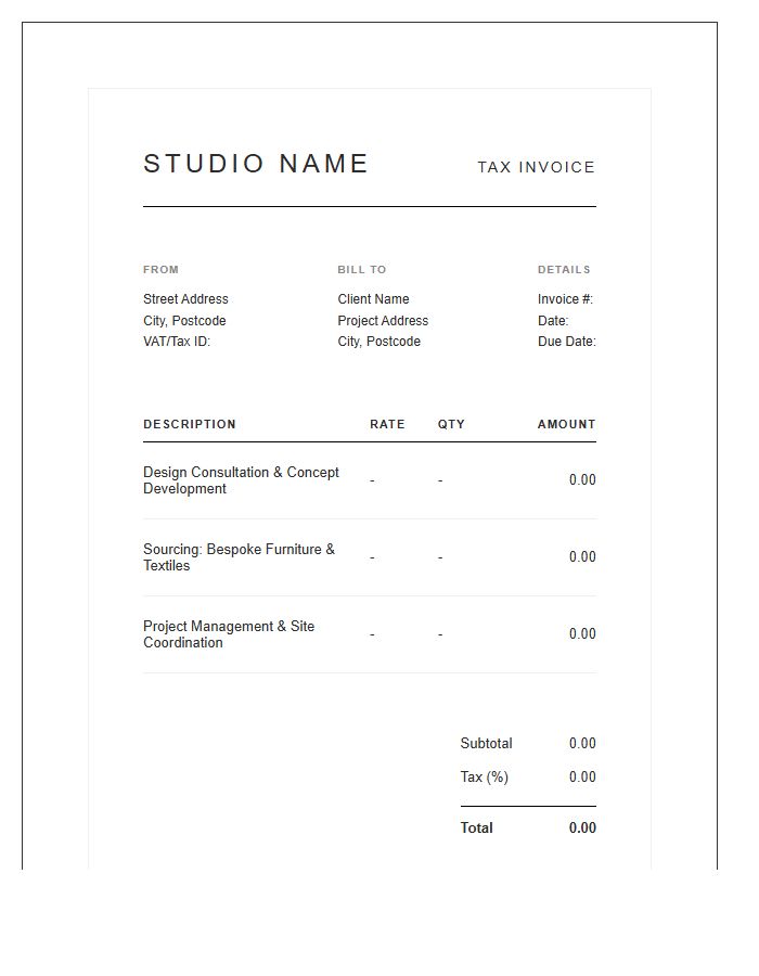 High End Interior Design Tax Invoice Template
