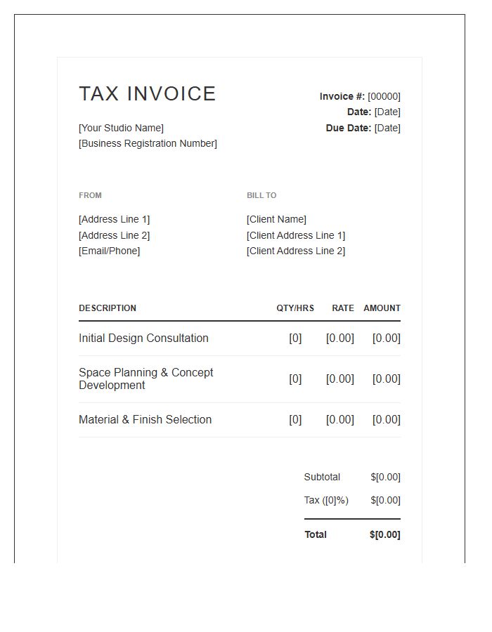 Interior Design Consultation Tax Invoice Template