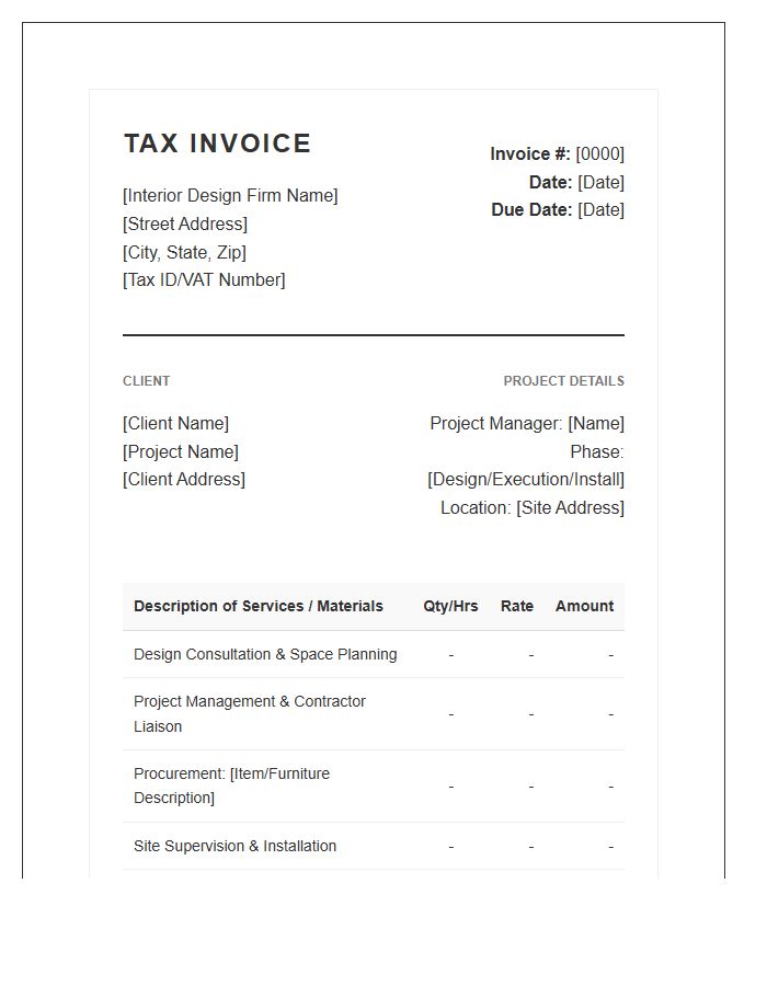 Interior Design Project Management Tax Invoice Template