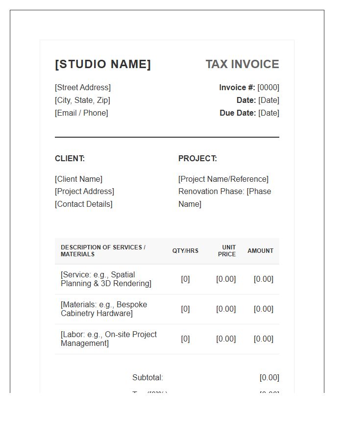 Interior Design Renovation Tax Invoice Template
