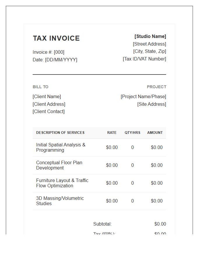Interior Design Space Planning Tax Invoice Template