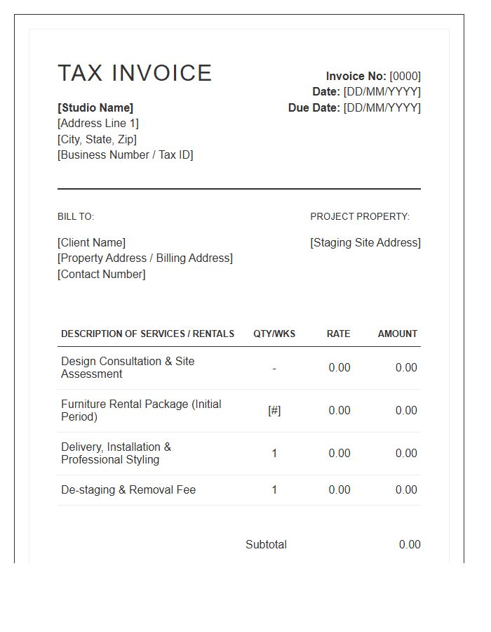 Interior Design Staging Tax Invoice Template