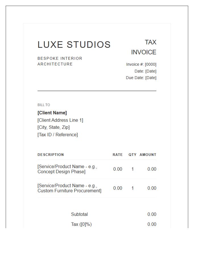 Luxury Interior Design Firm Tax Invoice Template